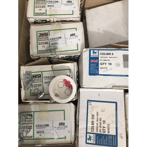 8 - TEN BOXES OF VARIOUS ELECTRICAL BOXES AND PLASTERING ITEMS - DRY LINING BOXES, CABLE CLIPS ETC