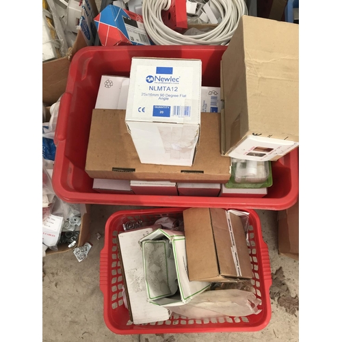 8 - TEN BOXES OF VARIOUS ELECTRICAL BOXES AND PLASTERING ITEMS - DRY LINING BOXES, CABLE CLIPS ETC