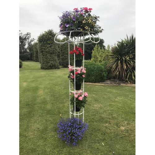 39 - AN ORNATE WHITE METAL HANGING BASKET AND PLANT STAND - HEIGHT 212 CM (PLANTS NOT INCLUDED)