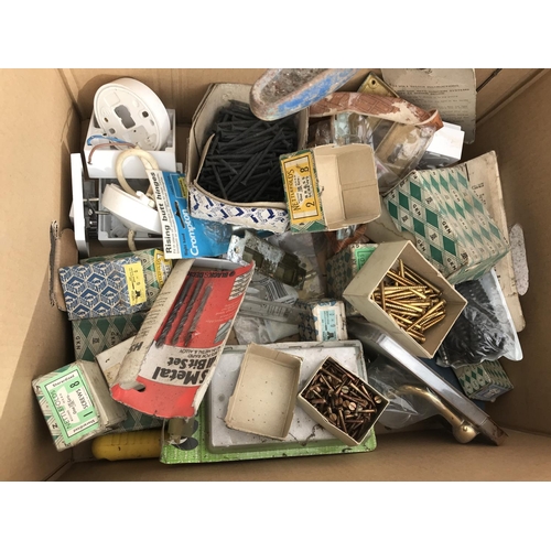 37 - TWO BOXES CONTAINING VARIOUS TOOLS AND HARDWARE - BOLT CUTTERS, BRASS SCREWS, PIPE CUTTER ETC