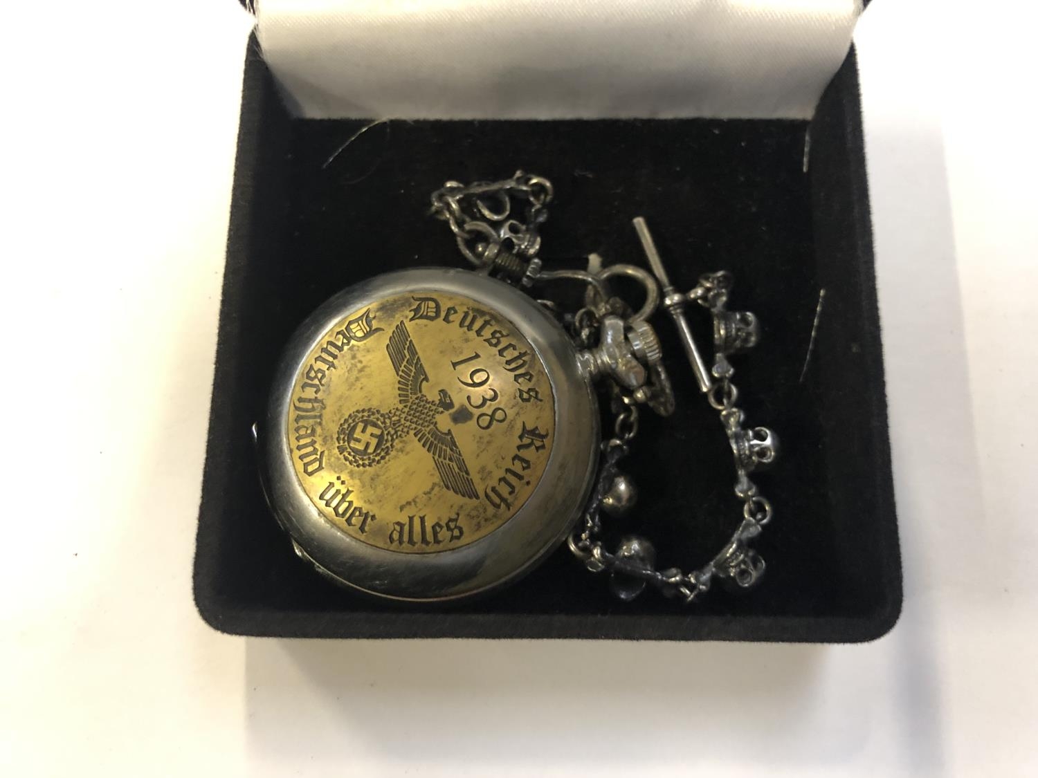 A JUNGHANS GERMAN NAZI FULL HUNTER 1938 POCKET WATCH AND CHAIN