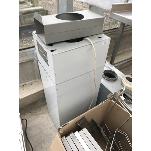 142 - AN EXTRACTOR UNIT WITH ACCESSORIES, AN AS NEW AND BOXED FLUE PIPE ETC