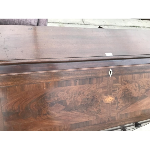 855 - A LARGE INLAID MAHOGANY BUREAU ON BRACKET FEET WITH FALL FRONT AND THREE DRAWERS HAVING BONE ESCUTCH... 