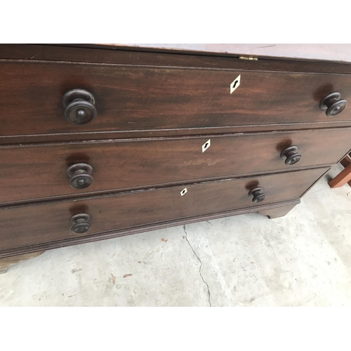 855 - A LARGE INLAID MAHOGANY BUREAU ON BRACKET FEET WITH FALL FRONT AND THREE DRAWERS HAVING BONE ESCUTCH... 