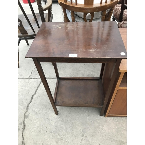 884 - A MAHOGANY SIDE TABLE, A TEAK BEDSIDE CABINET AND A BAMBOO SIDE TABLE WITH TWO DRAWERS