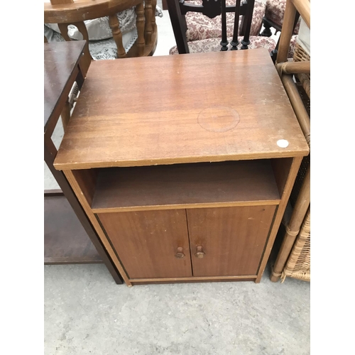 884 - A MAHOGANY SIDE TABLE, A TEAK BEDSIDE CABINET AND A BAMBOO SIDE TABLE WITH TWO DRAWERS