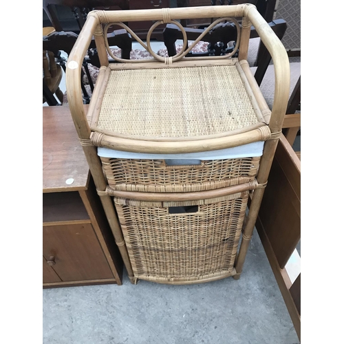 884 - A MAHOGANY SIDE TABLE, A TEAK BEDSIDE CABINET AND A BAMBOO SIDE TABLE WITH TWO DRAWERS