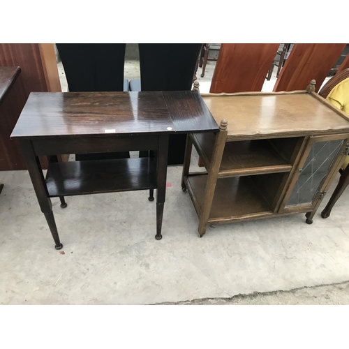 907 - AN OAK DROP END SERVING TABLE AND AN OAK TEA TROLLEY WITH SINGLE LEAD GLAZED DOOR