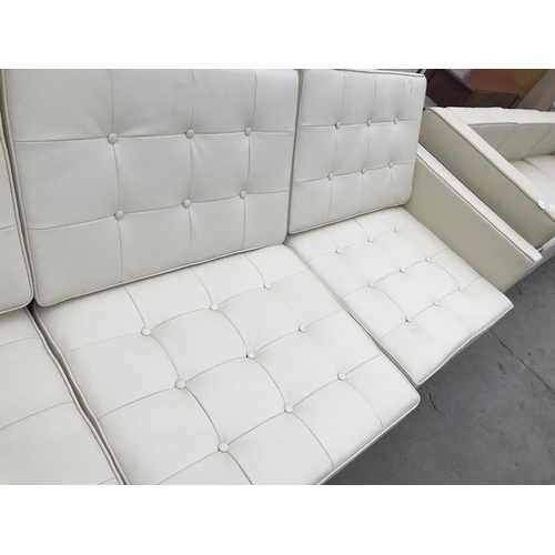 943 - A MODERN 'LE CORBUSIER' DESIGN STYLE CREAM ITALIAN LEATHER THREE SEATER SOFA ON SQUARE CHROME SUPPOR... 