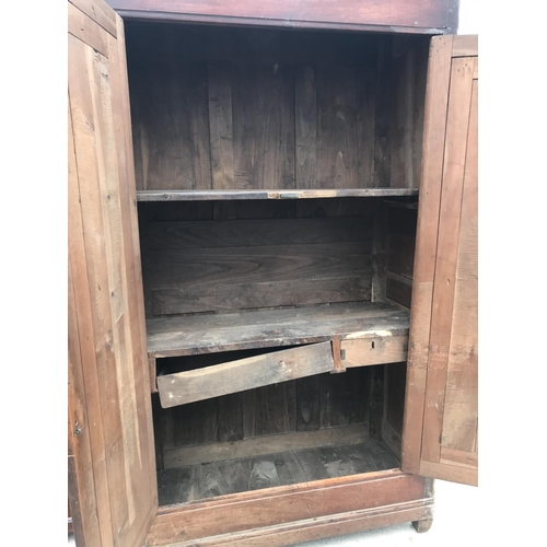 977 - A VINTAGE FRENCH PINE ARMOIRE WARDROBE WITH ELABORATE BRASS ESCUTCHEONS (WOODWORM DAMAGE)