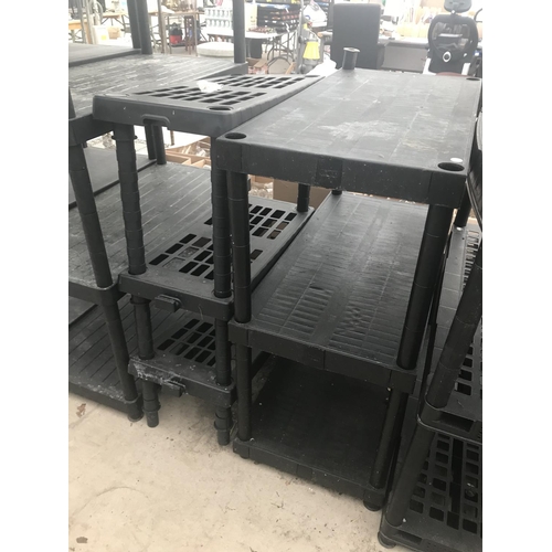 29 - SIX VARIOUS SIZED PLASTIC SHELVING UNITS WITH FIVE SPARE SHELVES