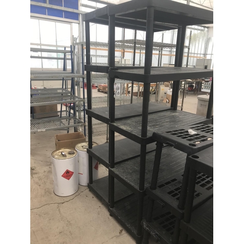 29 - SIX VARIOUS SIZED PLASTIC SHELVING UNITS WITH FIVE SPARE SHELVES