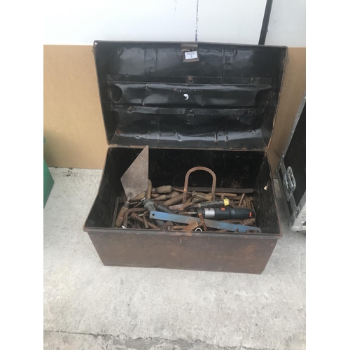 3 - A METAL CHEST AND CONTENTS TO INCLUDE SPANNERS, SCREWDRIVERS ETC