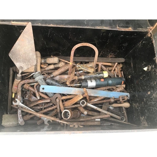 3 - A METAL CHEST AND CONTENTS TO INCLUDE SPANNERS, SCREWDRIVERS ETC