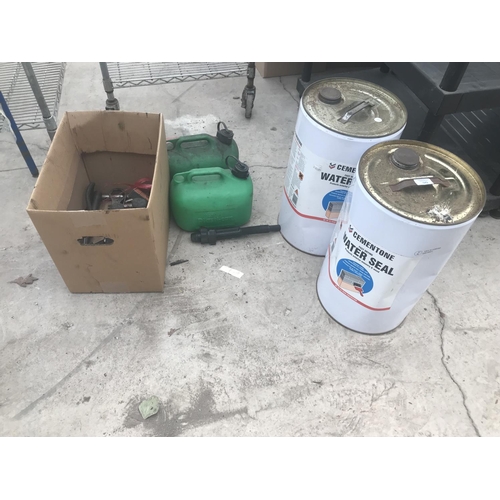 30 - TWO DRUMS OF CEMENTSTONE WATER SEAL, TWO PLASTIC PETROL CANS AND A BOX OF MIXED TOOLS