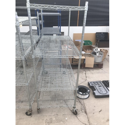 45 - A WHEELED SHELVING UNIT WITH FOUR SHELVES 121CM X 60CM X 161CM HIGH