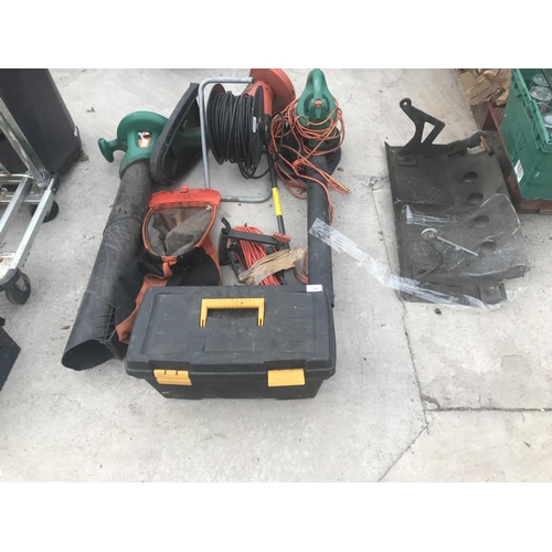 50 - A METAL PLATE,  A BLACK AND DECKER LEAF BLOWER, FLYMO STRIMMER, EXTENSION CABLES ETC IN WORKING ORDE... 