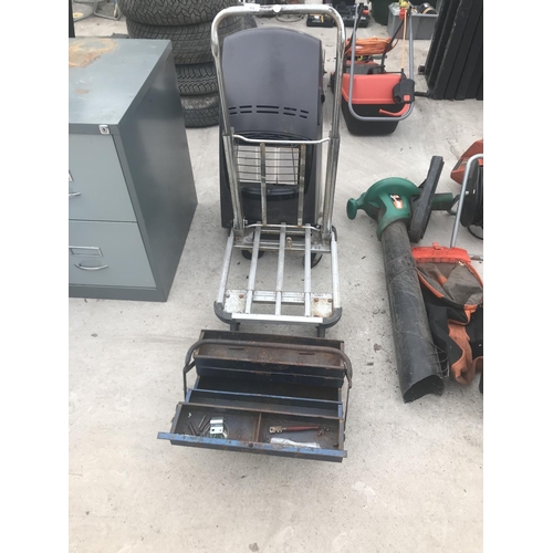 51 - A METAL FOUR WHEELED TROLLEY, A METAL FOLD OUT TOOL BOX, AND A GAS HEATER WITH GAS BOTTLE