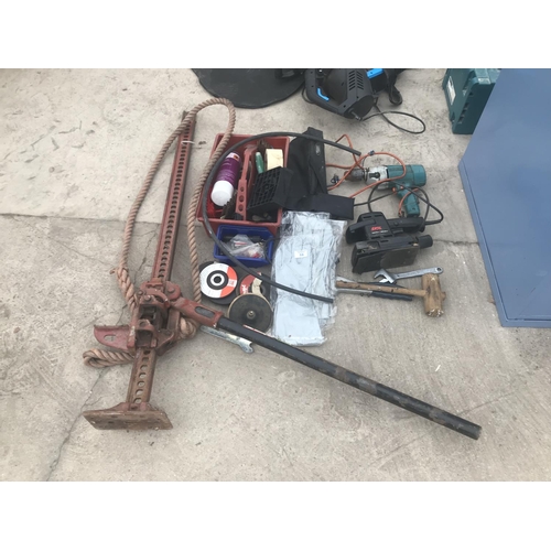 58 - A 750LB WINCH HOIST AND ROPE, A SKIL SANDER, A BLACK AND DECKER DRILL, CUTTING DISCS, GLOVES ETC