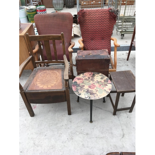 968 - SIX ITEMS - A VINTAGE LEATHER SUITCASE, A RETRO OCCASIONAL TABLE, AN OAK CARVER ARMCHAIR AND TWO MAH... 