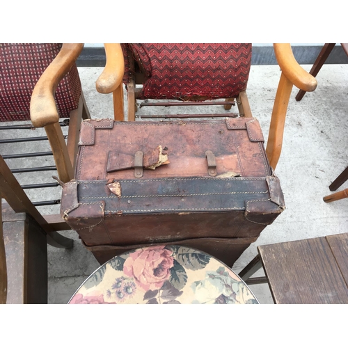 968 - SIX ITEMS - A VINTAGE LEATHER SUITCASE, A RETRO OCCASIONAL TABLE, AN OAK CARVER ARMCHAIR AND TWO MAH... 