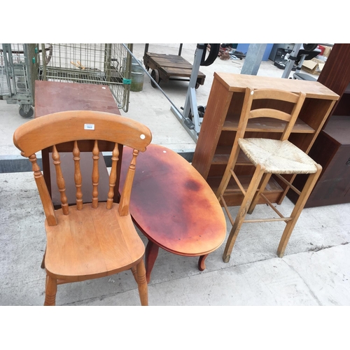 969 - FIVE ITEMS - A PINE CHAIR, A PINE STOOL, A TEAK BOOKCASE, A MAHOGANY COFFEE TABLE AND TEAK SIDE TABL... 