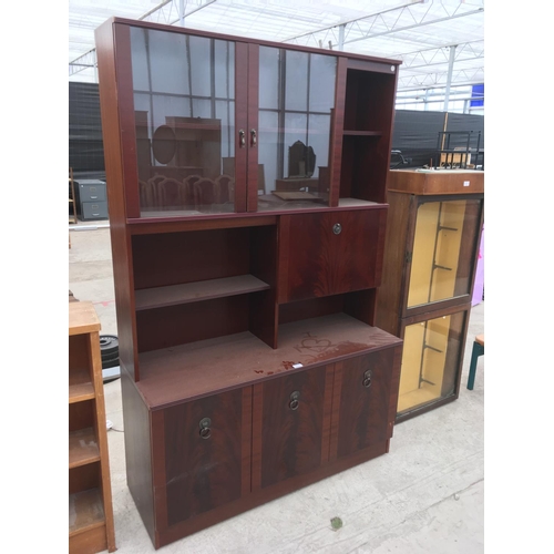 970 - A MAHOGANY CABINET WITH THREE DOORS AND UPPER SHELVING