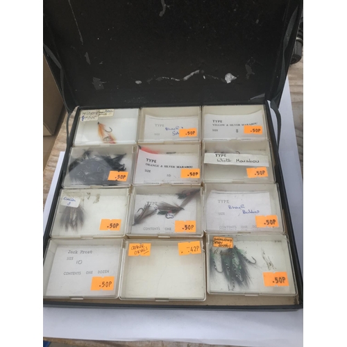 21 - FIVE DATAM FLY FISHING DISPLAY CASES CONTAINING VARIOUS FLIES