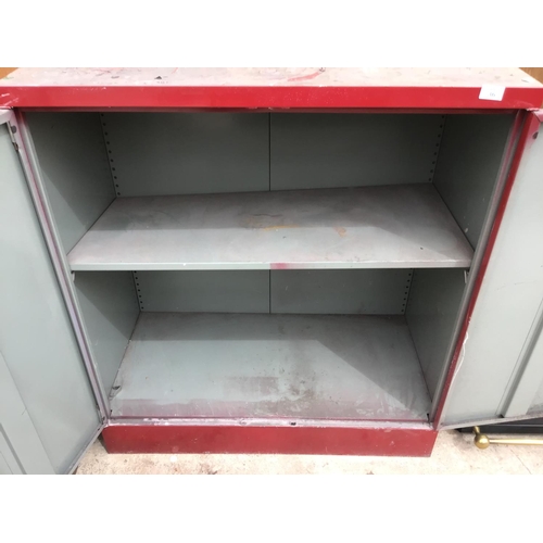 36 - A METAL TWO DOOR CABINET WITH INTERIOR SHELVES, PADLOCK AND KEY 92CM X 47CM X 102CM