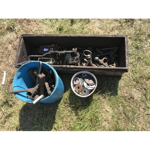 105 - THREE CONTAINERS, PIN, WASHERS AND TOOLS