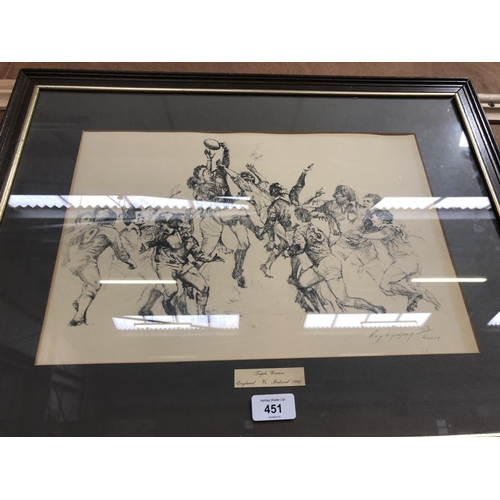 451 - TWO FRAMED PENCIL SIGNED LIMITED EDITION RUGBY PRINTS