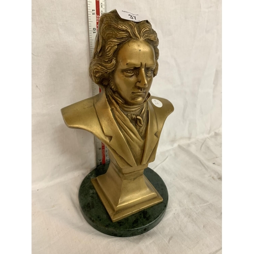 37 - A BUST OF BEETHOVEN ON A MARBLE BASE