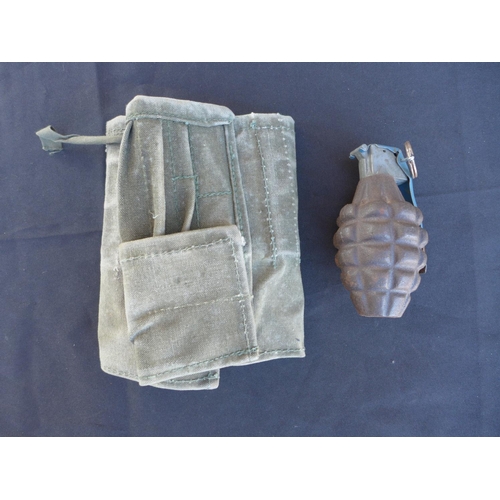 309 - A GREEN WEBBING AMMO POUCH AND AN INERT PINEAPPLE GRENADE