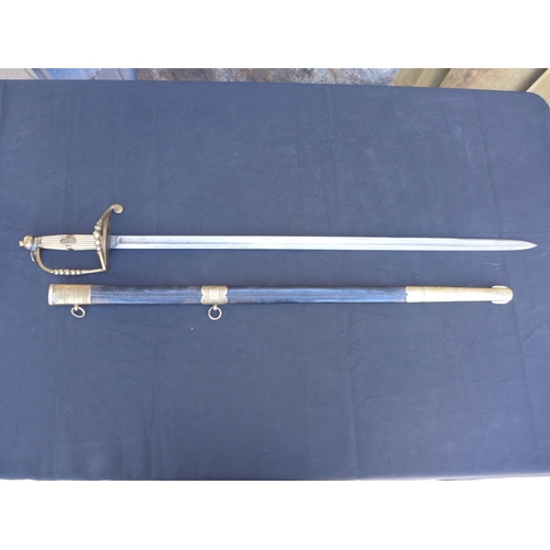 334 - A NAVAL SWORD AND SCABBARD, MARKED RICHARD TEED, STRAND - 80 CM BLADE