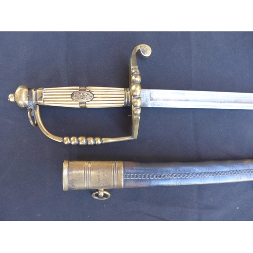 334 - A NAVAL SWORD AND SCABBARD, MARKED RICHARD TEED, STRAND - 80 CM BLADE