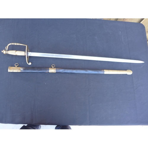 334 - A NAVAL SWORD AND SCABBARD, MARKED RICHARD TEED, STRAND - 80 CM BLADE