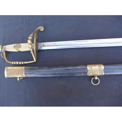 334 - A NAVAL SWORD AND SCABBARD, MARKED RICHARD TEED, STRAND - 80 CM BLADE