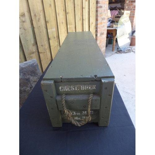 345 - A GREEN PAINTED WOODEN BOX BUILT TO HOUSE THREE BREN GUNS