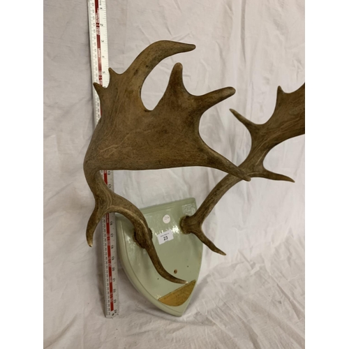 23 - A SET OF ANTLERS ON A WOODEN PLINTH WITH BRASS PLAQUE STATING 'HOLWELL WORKS FIRE BRIGADE STATION OF... 