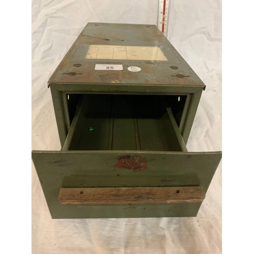 25 - A VINTAGE SMALL METAL GREEN SINGLE DRAWER FILING CABINET