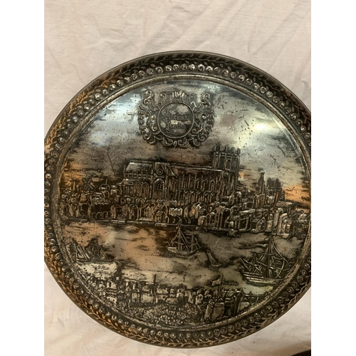 26 - THREE ORNATE CIRCULAR TINS WITH LIDS ONE DEPICTING AN ORIENTAL DRAGON AND TWO ANCIENT LONDON