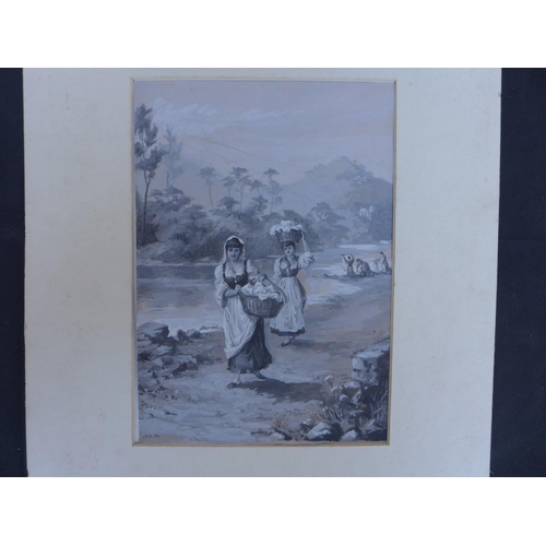 133 - A MONOCHROME PICTURE OF GIRLS WITH WASHING BASKETS NEAR A RIVER - INITIALS A H M - 25 CM X 18 CM