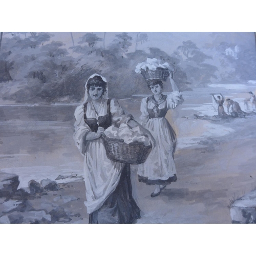 133 - A MONOCHROME PICTURE OF GIRLS WITH WASHING BASKETS NEAR A RIVER - INITIALS A H M - 25 CM X 18 CM