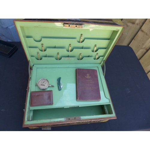 139 - A VINTAGE NEWMAN & CO, CALCUTTA TIN DOCUMENT CHEST CONTAINING A REGIMENTAL ORDERS BOOK, PENKNIFE, GA... 