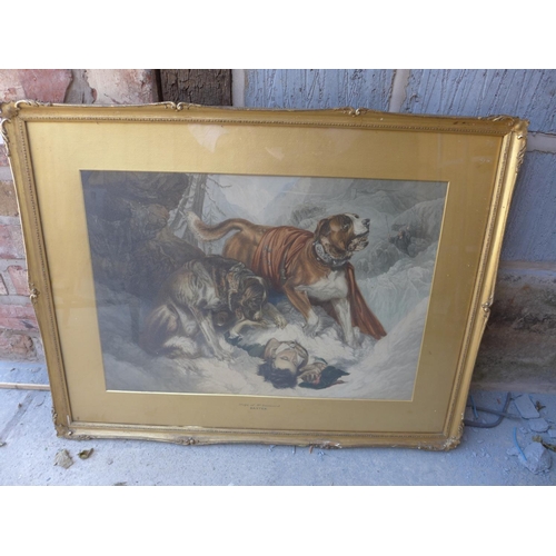 140 - A GILT FRAMED PRINT DOGS OF ST BERNARD BY GEORGE BAXTER - 40 CM X 29 CM