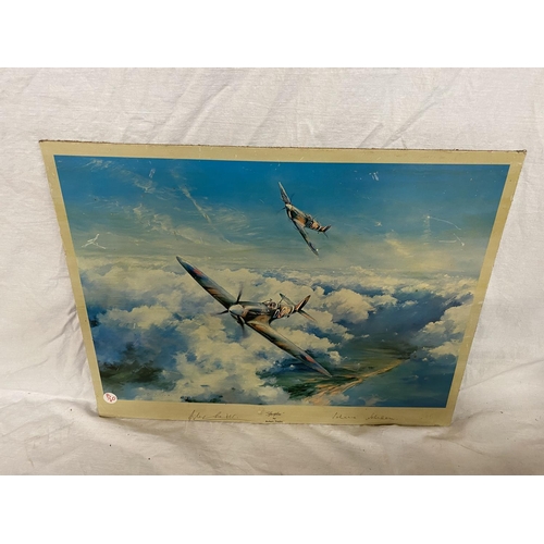 440 - A SPITFIRE PRINT BY ROBERT TAYLOR WITH PRINTED SIGNATURES OF DOUGLAS BADER AND JOHNNIE JOHNSON