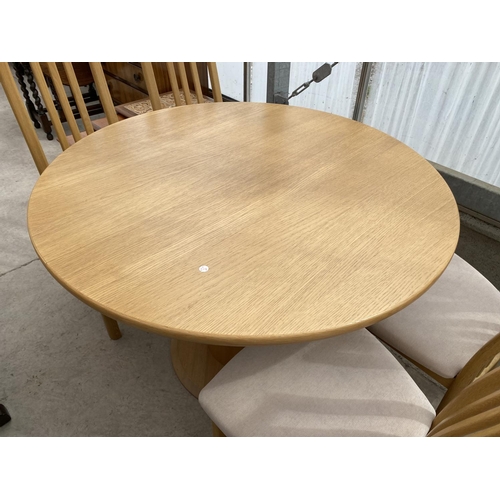 1516 - AN GALA FURNITURE OAK FLIP LEAF TABLE (DIAMETER 150 CM) AND FOUR MATCHING HIGH BACK OAK DING CHAIRS ... 