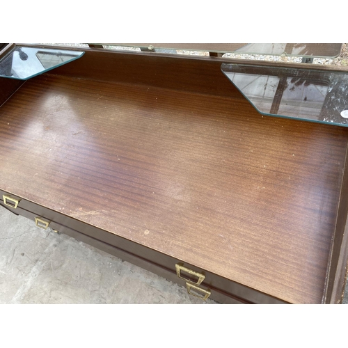 1524 - A RETRO REMPLOY TEAK DRESSING TABLE WITH TWO DRAWERS AND UNFRAMED MIRROR