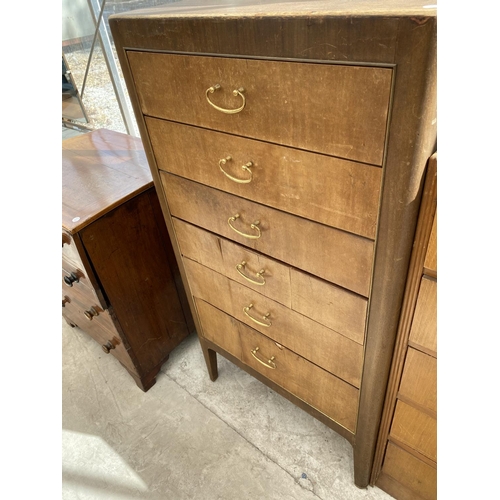 1526 - A TALL TEAK CHEST OF SIX DRAWERS AND A  TEAK VENEERED CHEST OF FIVE DRAWERS