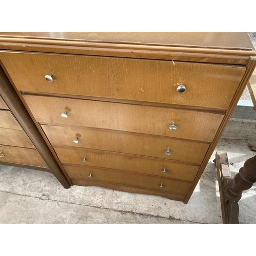 1526 - A TALL TEAK CHEST OF SIX DRAWERS AND A  TEAK VENEERED CHEST OF FIVE DRAWERS